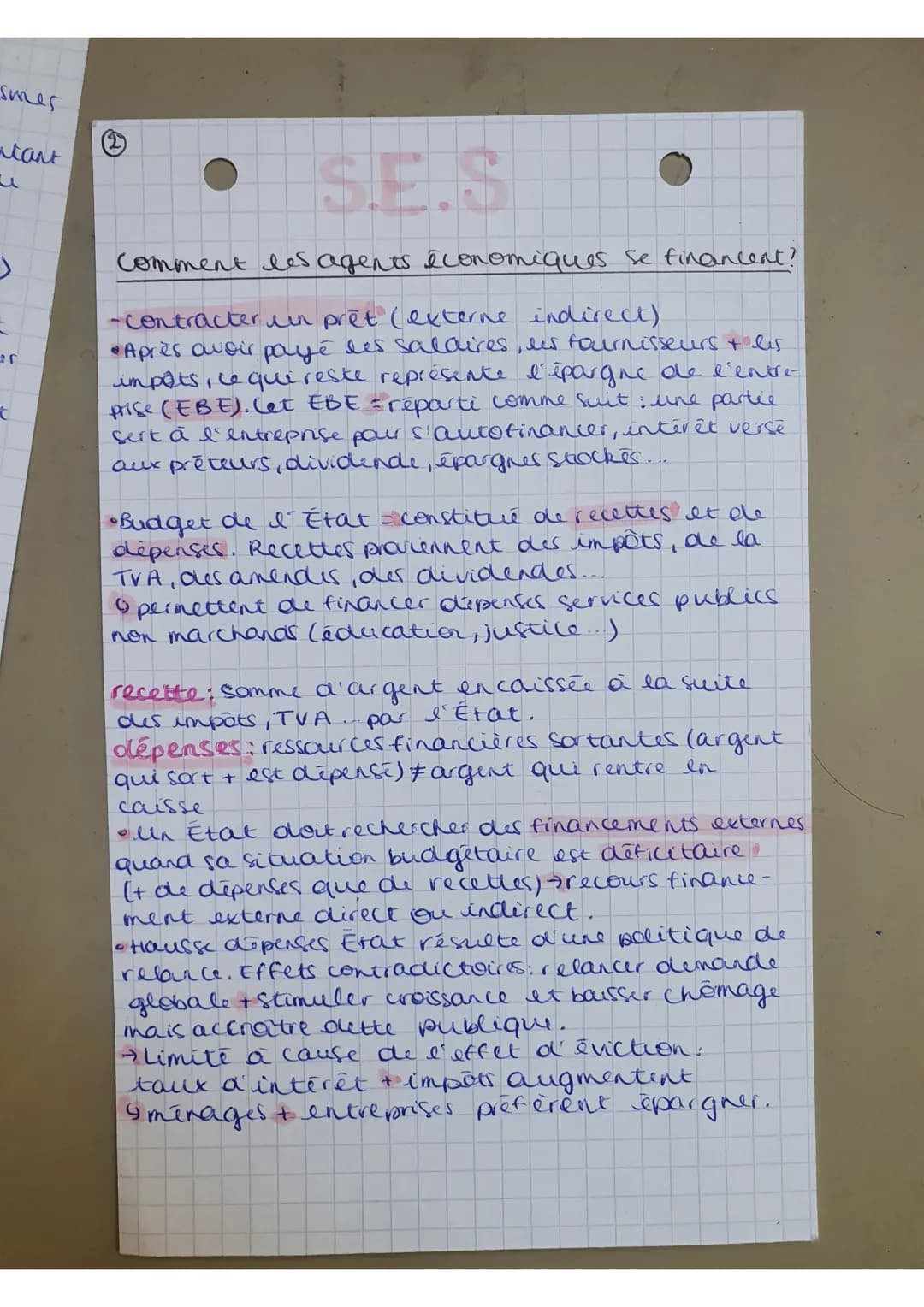 S.E.S
O
Comment les agents économiques se financent?
épargne: partie non consommée du revenu et
economisée pour servir a un futur investisse