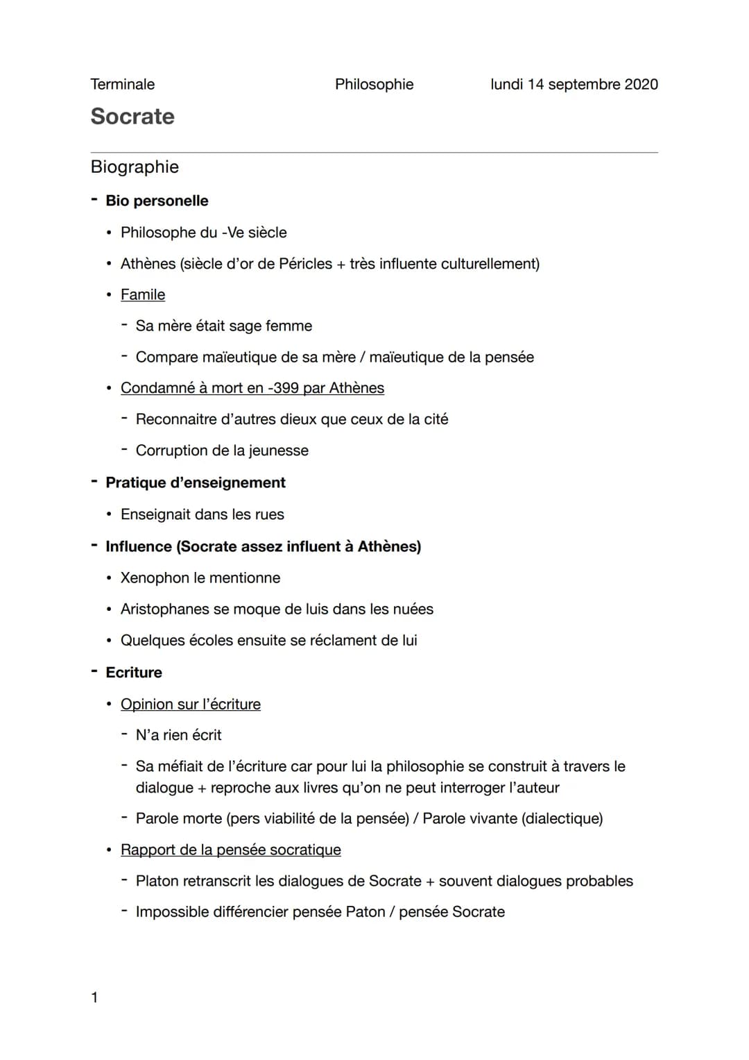 Terminale
Socrate
Biographie
1
●
Bio personelle
Philosophe du - Ve siècle
Athènes (siècle d'or de Péricles + très influente culturellement)
