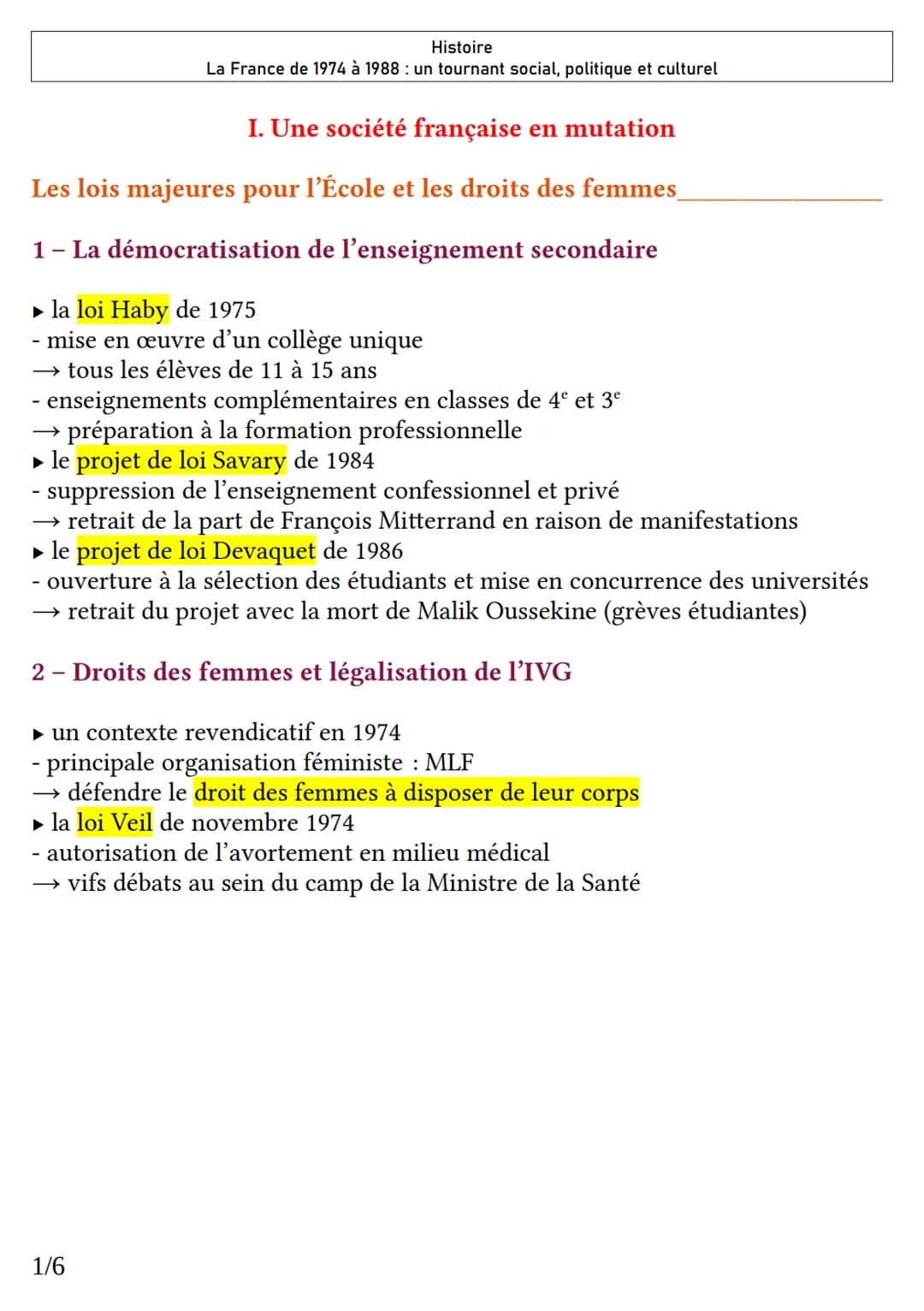 Histoire
La France de 1974 à 1988 : un tournant social, politique et culturel
I. Une société française en mutation
Les lois majeures pour l'