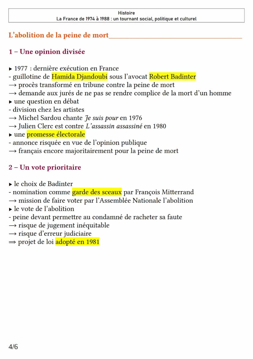 Histoire
La France de 1974 à 1988 : un tournant social, politique et culturel
I. Une société française en mutation
Les lois majeures pour l'