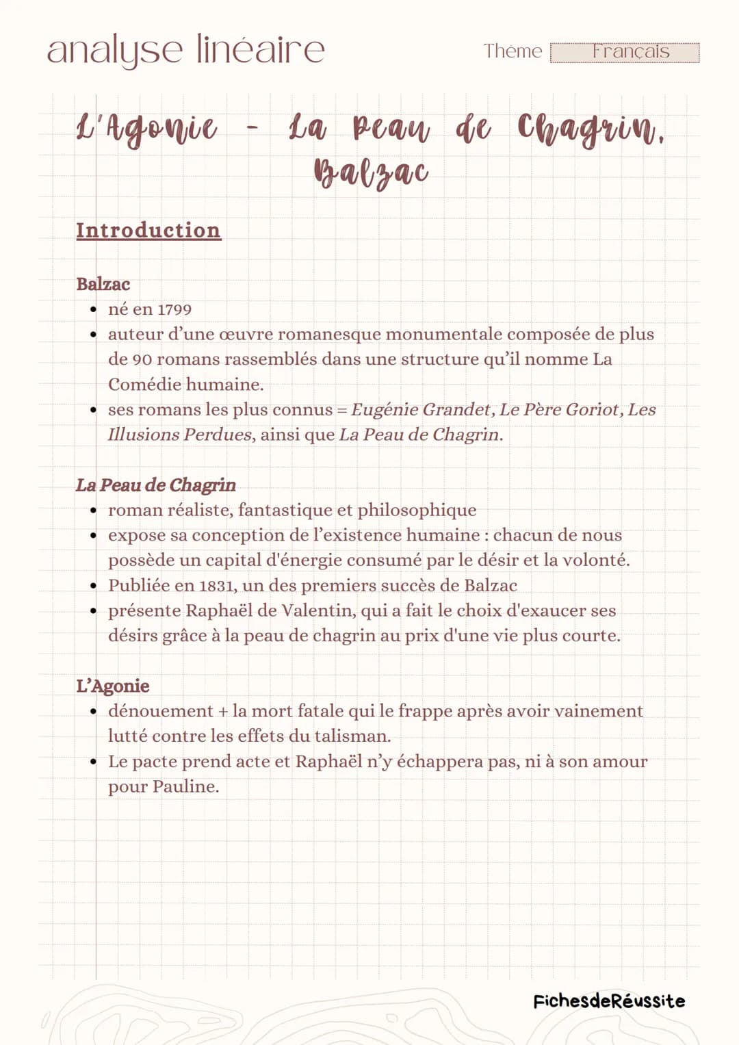 analyse linéaire
Thème
Français
L'Agonie
-
La peau de
Balzac
chagrin,
Introduction
Balzac
• né en 1799
• auteur d'une œuvre romanesque monum