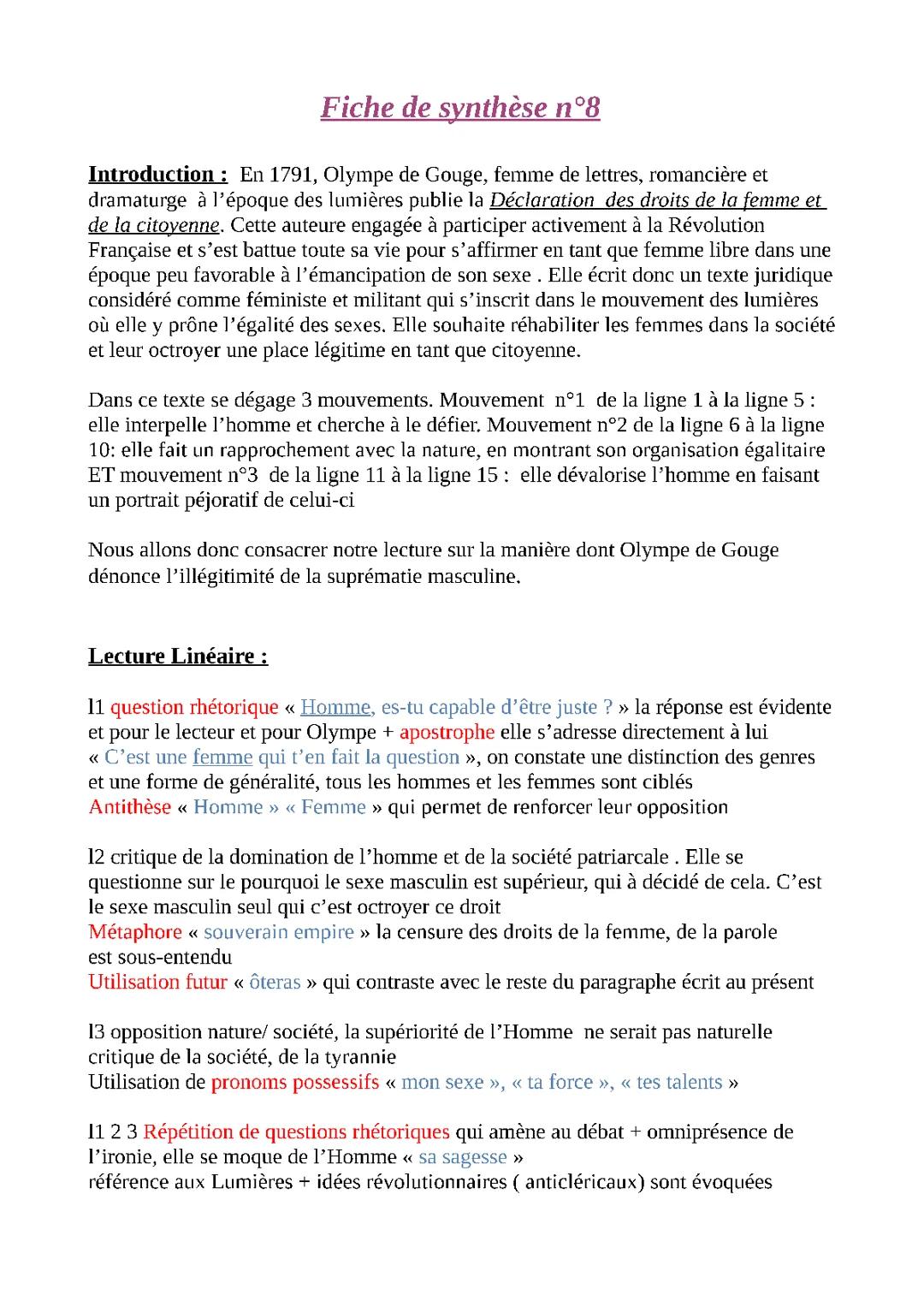 Fiche de lecture Déclaration des droits de la femme et de la citoyenne PDF - Olympe de Gouges Analyse