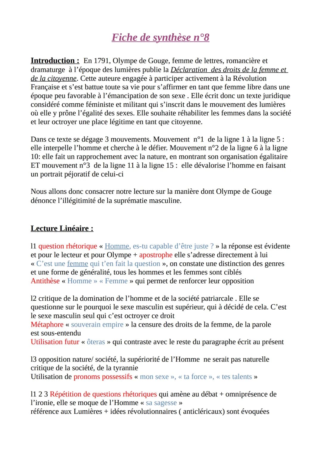 Fiche de synthèse n°8
Introduction: En 1791, Olympe de Gouge, femme de lettres, romancière et
dramaturge à l'époque des lumières publie la D
