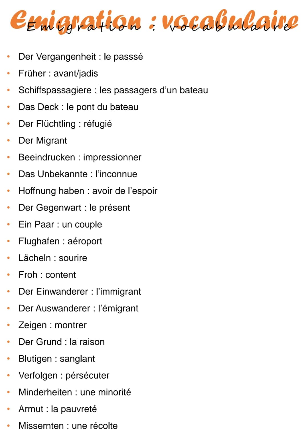 Ceniquation
Ezmigration : vocabulaire
●
●
●
●
●
●
●
●
●
●
●
●
●
●
●
●
●
Der Vergangenheit : le passsé
Früher: avant/jadis
Schiffspassagiere 