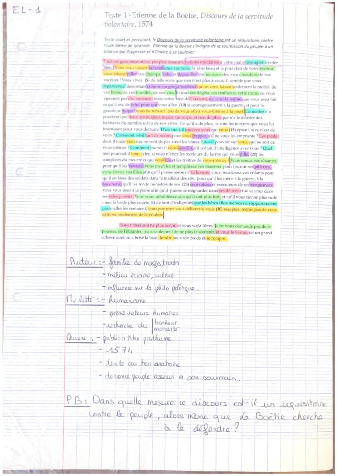 Étude linéaire. La Boétie, Discours de la servitude volontaire.
