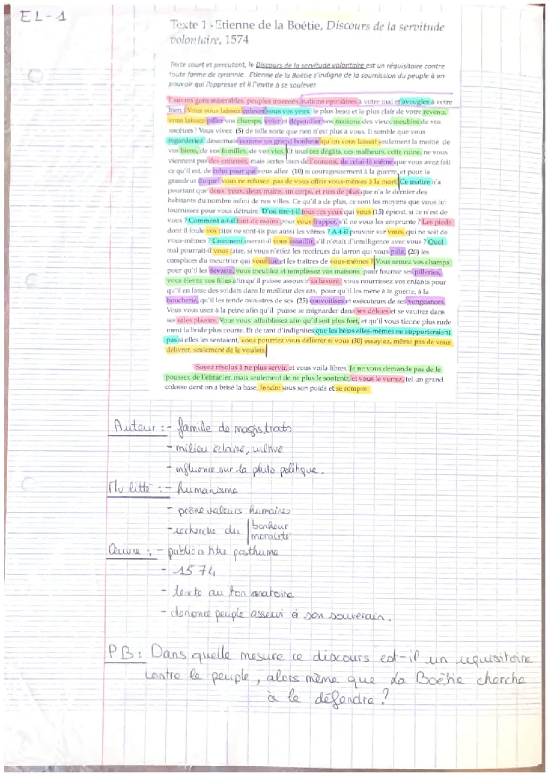 Étude linéaire. La Boétie, Discours de la servitude volontaire.