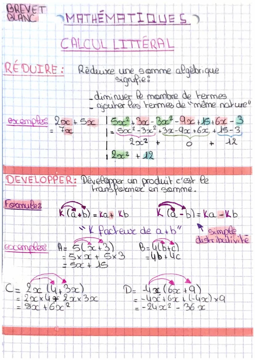 BREVET
BLANC
MATHEMATIQUES
CALCUL LITTERAL
(ou difference)
FACTORISATION: Factoriser une somme c'est
la transformer en produit.
Formule: Ka+