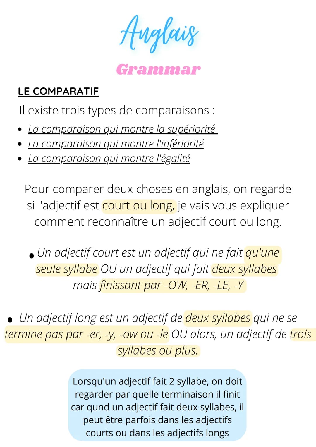 Anglais
Grammar
LE COMPARATIF
Il existe trois types de comparaisons :
La comparaison qui montre la supériorité
La comparaison qui montre l'i