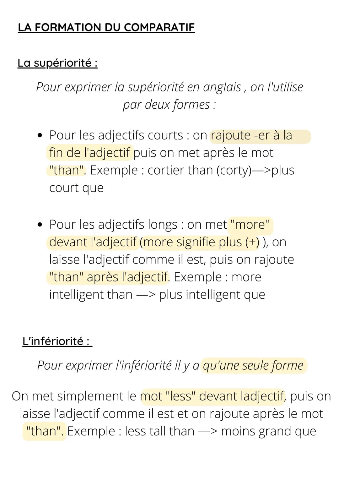 Anglais
Grammar
LE COMPARATIF
Il existe trois types de comparaisons :
La comparaison qui montre la supériorité
La comparaison qui montre l'i