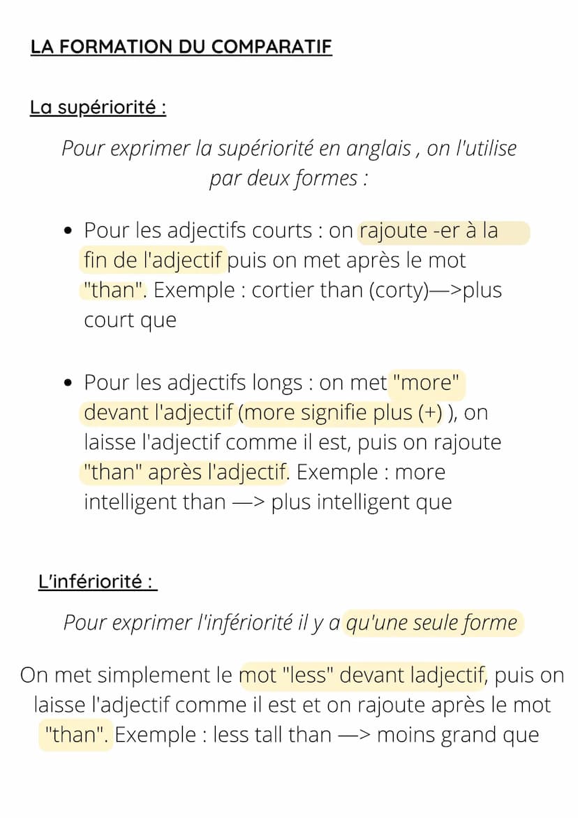 Anglais
Grammar
LE COMPARATIF
Il existe trois types de comparaisons :
La comparaison qui montre la supériorité
La comparaison qui montre l'i