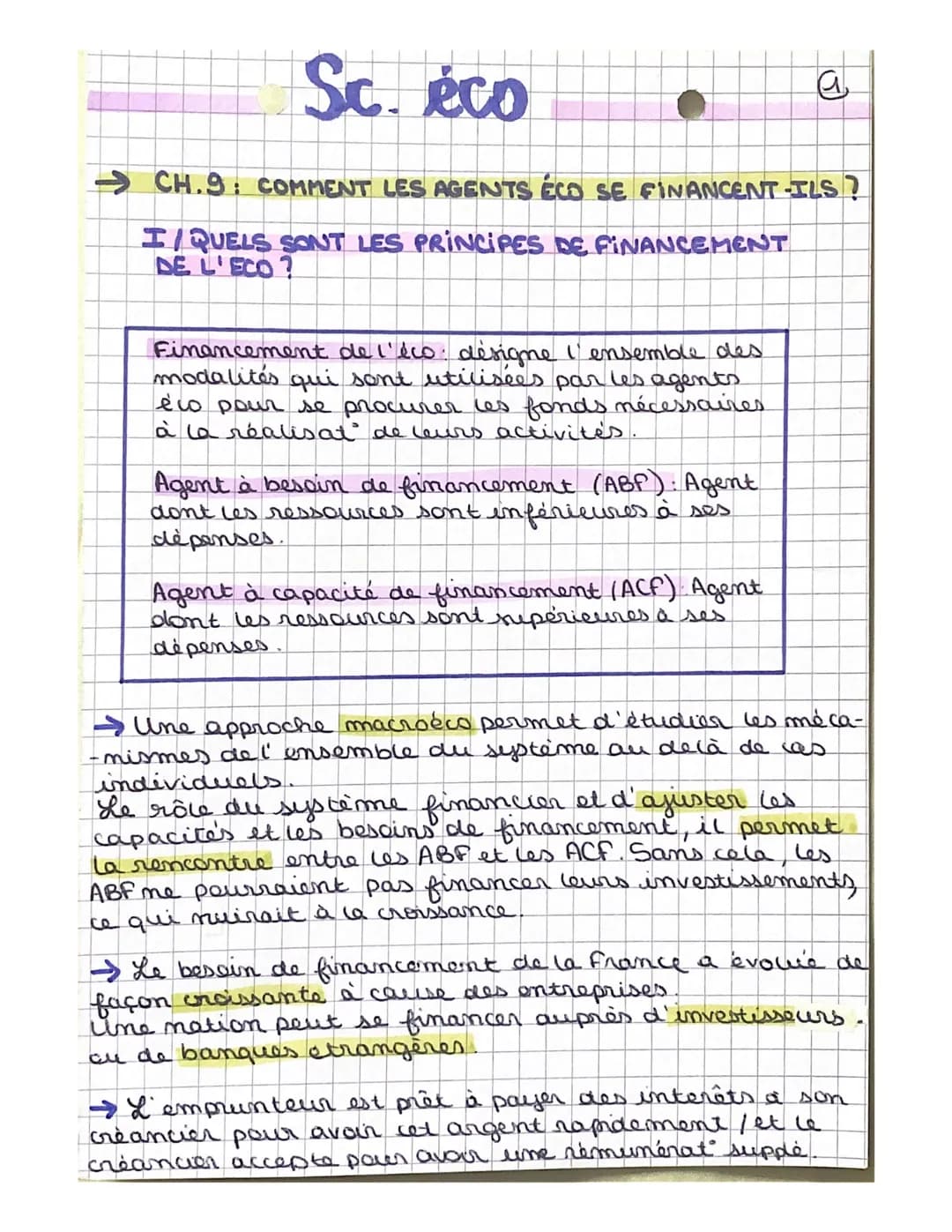 Sc. éco
CH.9: COMMENT LES AGENTS ÉCO SE FINANCENT-ILS?
I/QUELS SONT LES PRINCIPES DE FINANCEMENT
DE L'ECO?
Financement de l'éco: désigne I' 