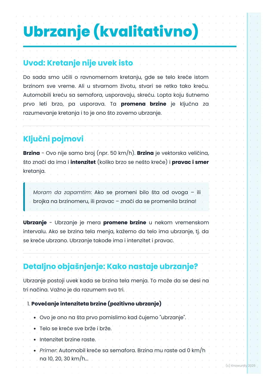 # Ubrzanje (kvalitativno)

Uvod: Kretanje nije uvek isto

Do sada smo učili o ravnomernom kretanju, gde se telo kreće istom
brzinom sve vrem