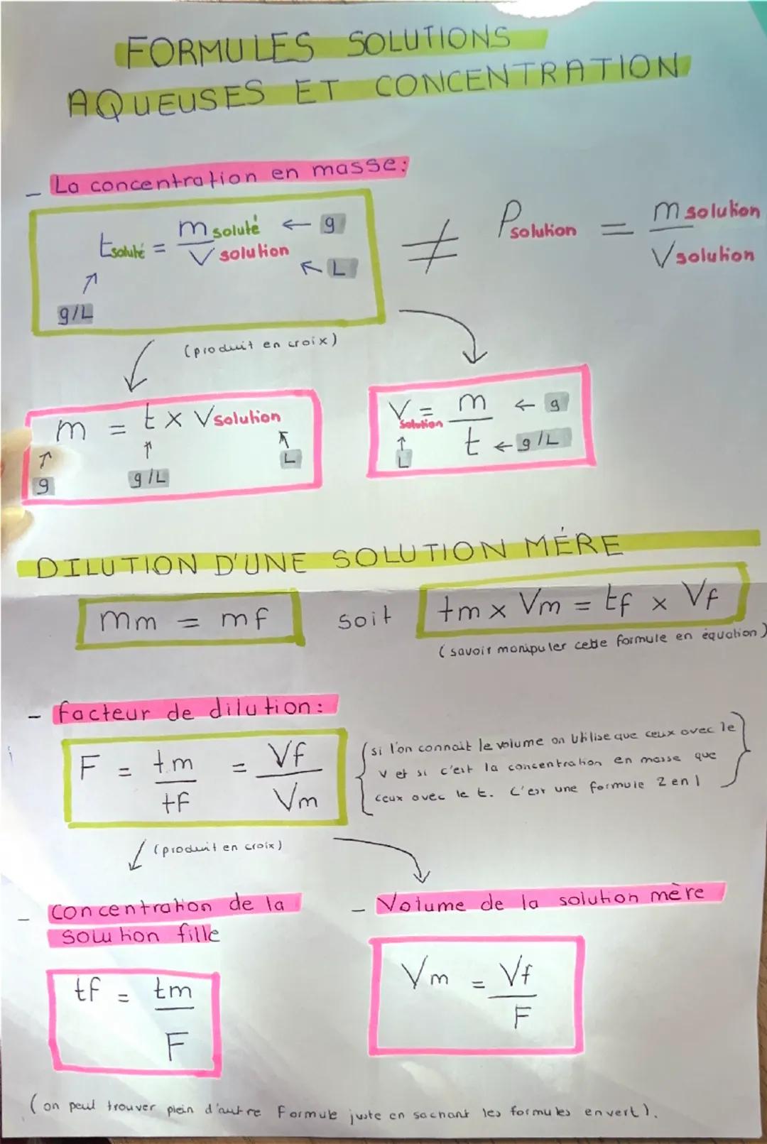 # FORMULES SOLUTIONS
AQUEUSES ET CONCENTRATION
- La concentration en masse:

$E_{solute} = \frac{M_{solute}}{V_{solution}}$

$
eq P_{solutio