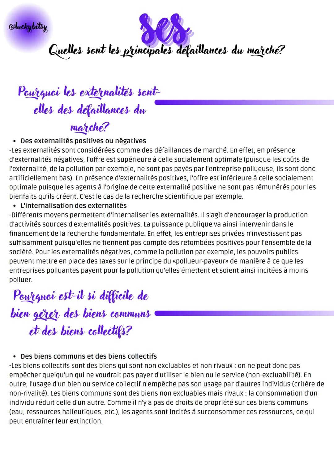 @luckybitsy
ses
Quelles sont les principales défaillances du marche?
Pourquoi les externalités sont-
elles des défaillances du
marché?
• Des