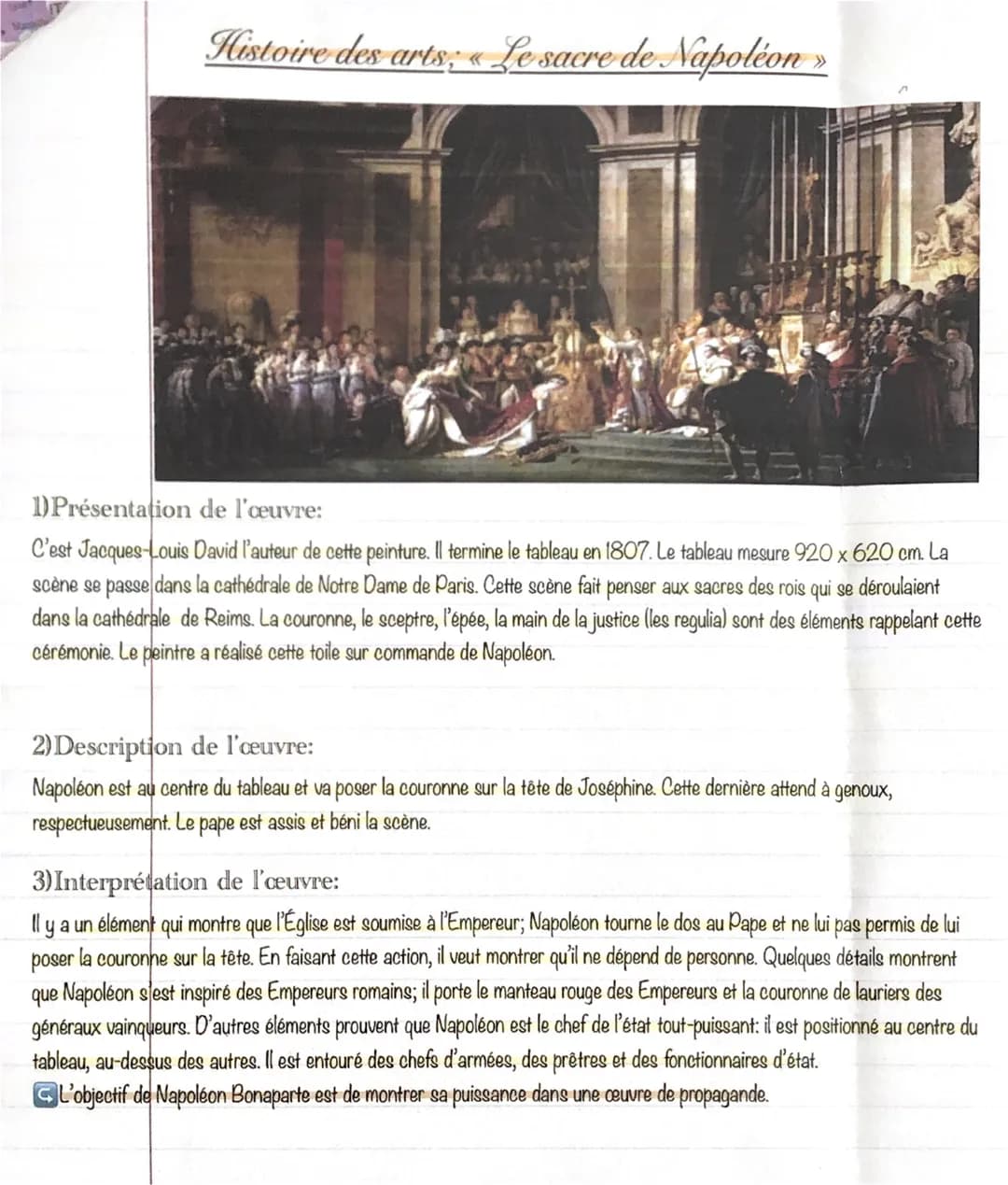 Histoire des arts; « Le sacre de Napoléon »
1) Présentation de l'œuvre:
C'est Jacques-Louis David l'auteur de cette peinture. Il termine le 