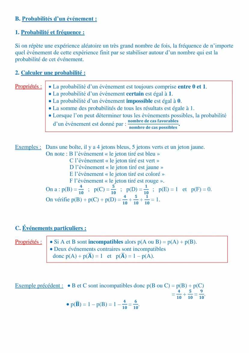 Ch 9 PROBABILITES
Je dois être capable de :
. Connaître le vocabulaire sur les notions élémentaires de probabilités.
. Savoir calculer des p