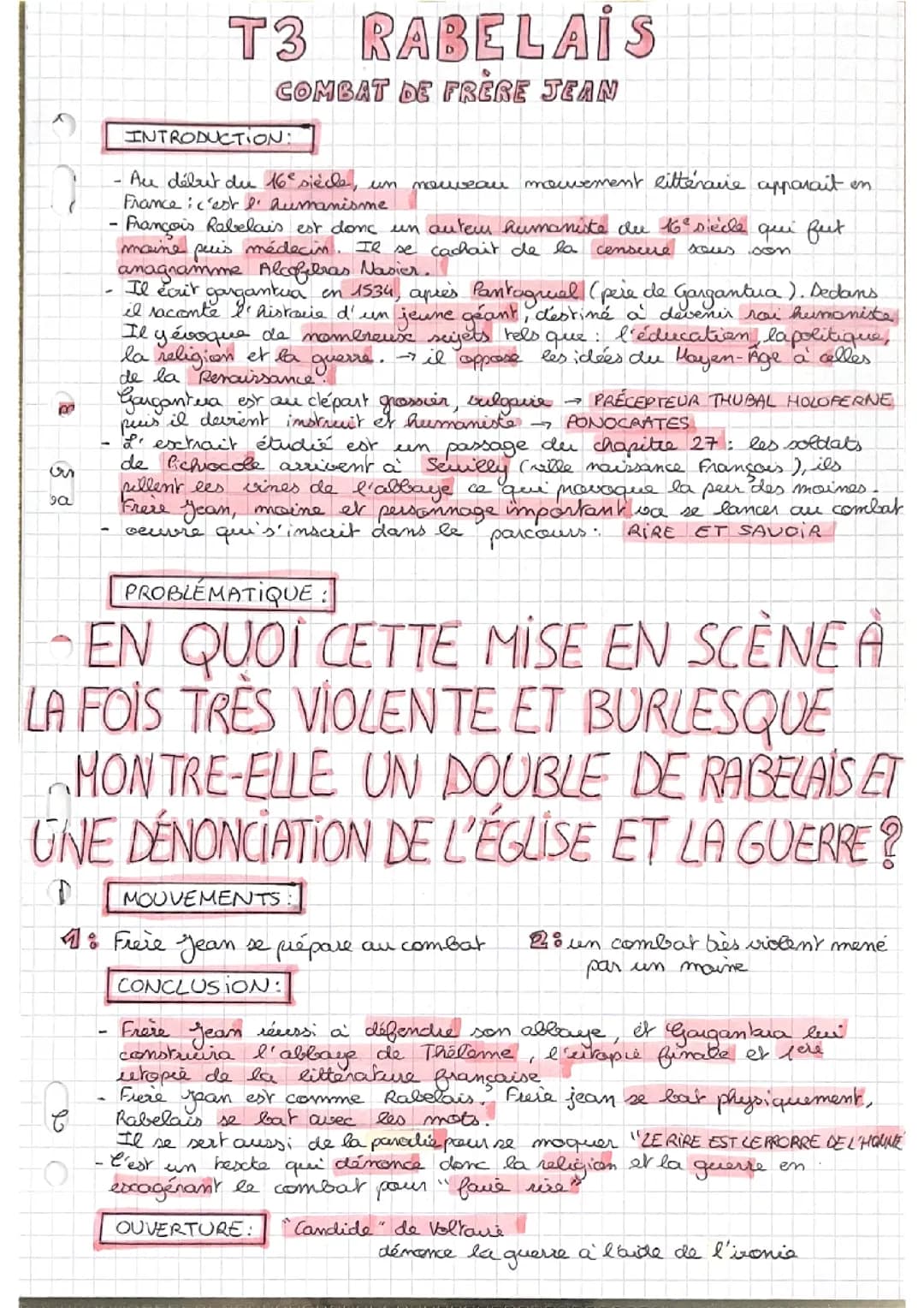 Le combat de frère Jean GARGANTUA RABELAIS : Analyse linéaire 