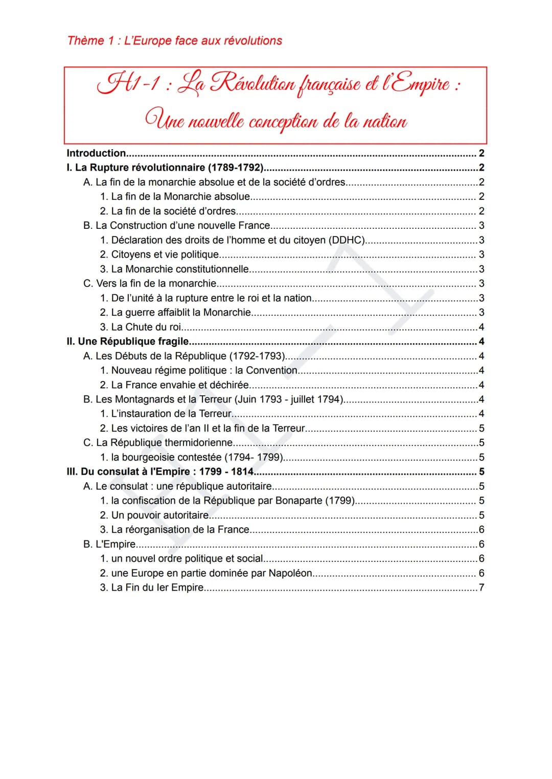 Thème 1: L'Europe face aux révolutions
H1-1: La Révolution française et l'Empire:
Une nouvelle conception de la nation
Introduction.........