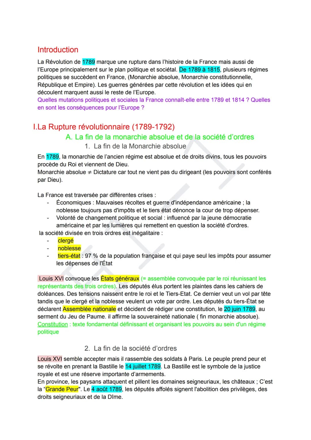 Thème 1: L'Europe face aux révolutions
H1-1: La Révolution française et l'Empire:
Une nouvelle conception de la nation
Introduction.........