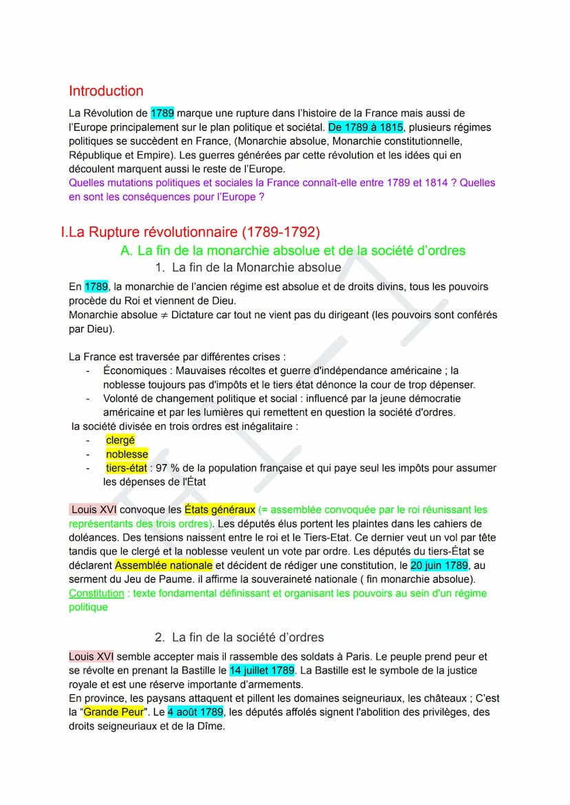 Thème 1: L'Europe face aux révolutions
H1-1: La Révolution française et l'Empire:
Une nouvelle conception de la nation
Introduction.........