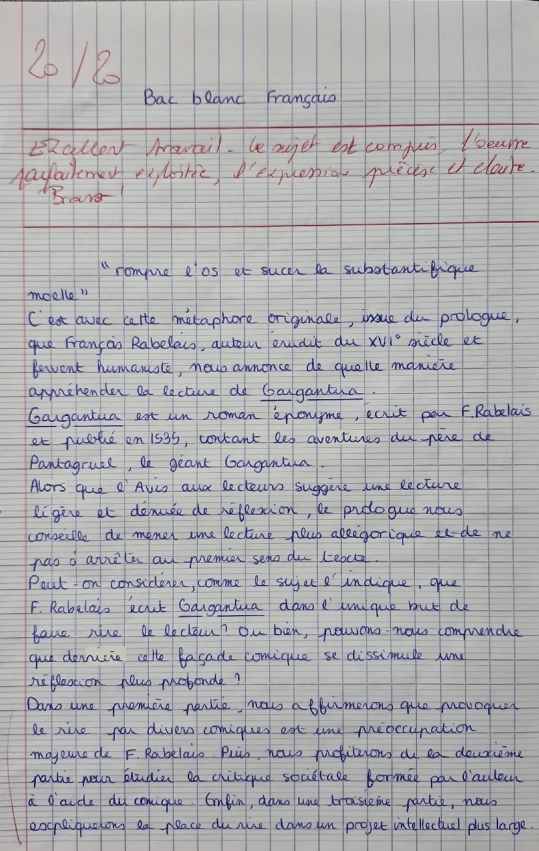 2018
Bac blanc Français
Excellent travail. be sujet est compues t'beame
parfaitement exploitic, d'expression précise it clause
Brava
moelle"