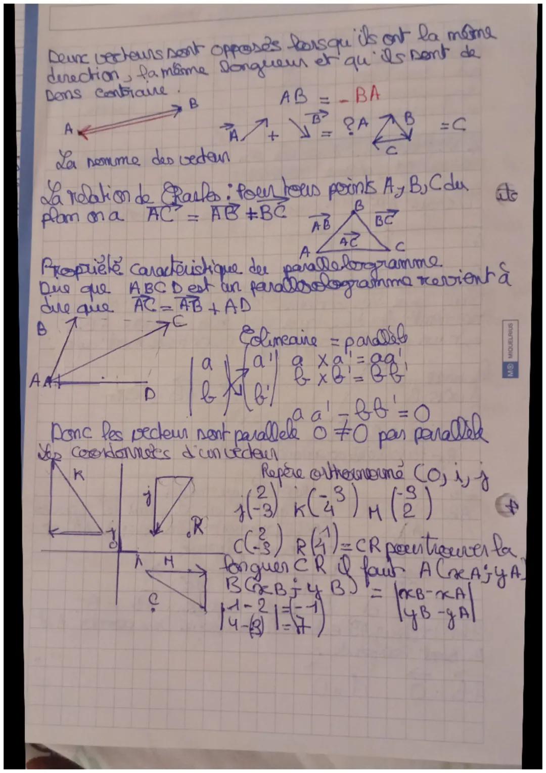 Mathematiques Vecteur
am vecteur est deffinil par: Pas de même seas
son sens
sa direction
Sa norme
= longueur
A même direction
même noume
KE