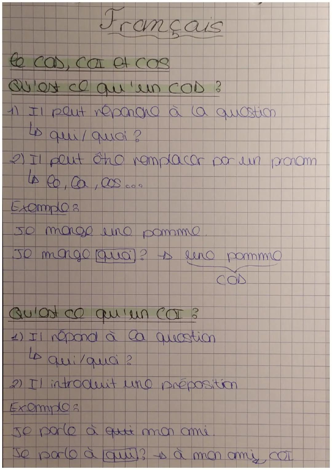 Français
le cas, cat & COS
Qu'est ce qu'un COD ?
1) Il peut réperone à la question
to
qui/quoi ?
2) Il peut êho remplacer por un pronom
to
C