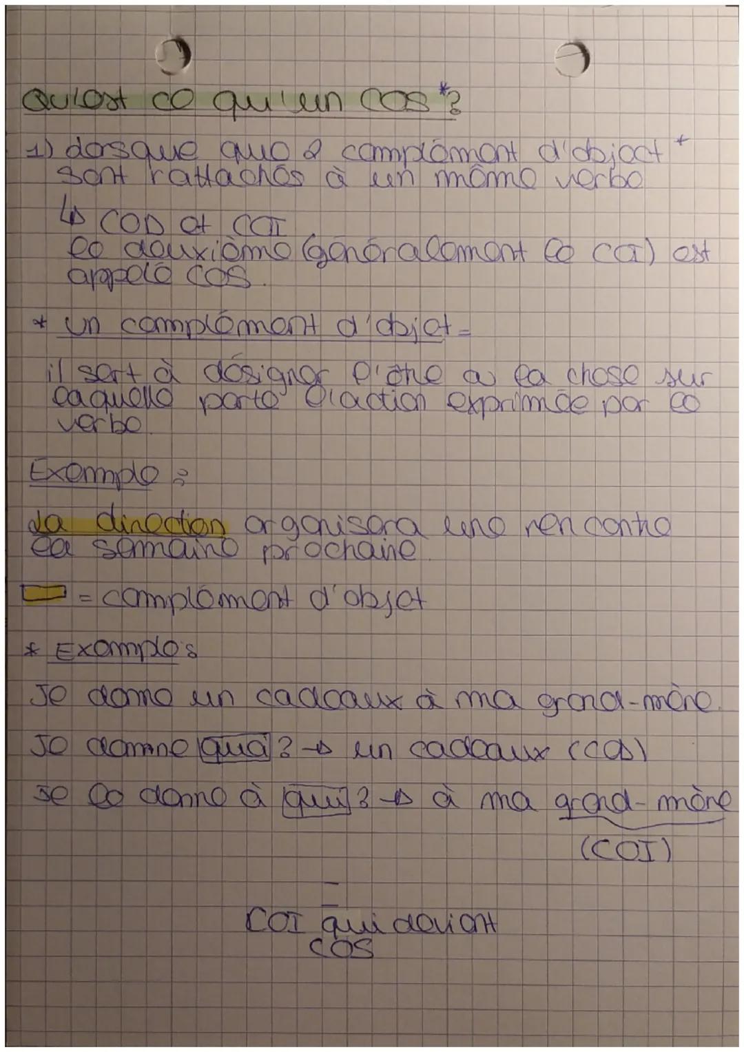 Français
le cas, cat & COS
Qu'est ce qu'un COD ?
1) Il peut réperone à la question
to
qui/quoi ?
2) Il peut êho remplacer por un pronom
to
C