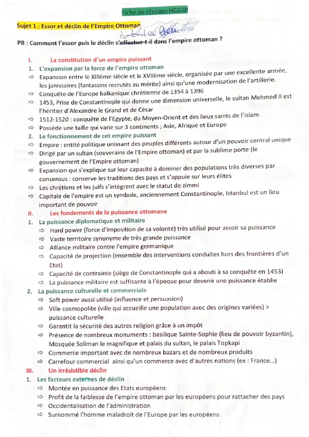 Fiche de révision HGGSP
Sujet 1: Essor et déclin de l'Empire Ottoman
PB : Comment l'essor puis le déclin s'effectue-t-il dans l'empire ottom