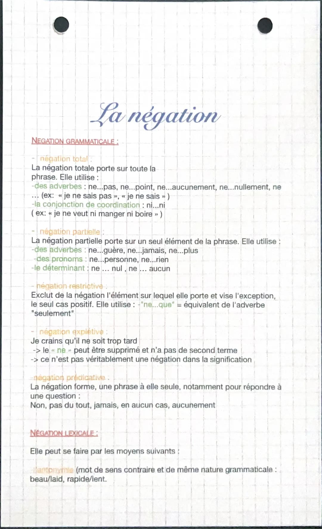 La négation
NEGATION GRAMMATICALE
négation total
La négation totale porte sur toute la
phrase. Elle utilise :
-des adverbes: ne...pas, ne...