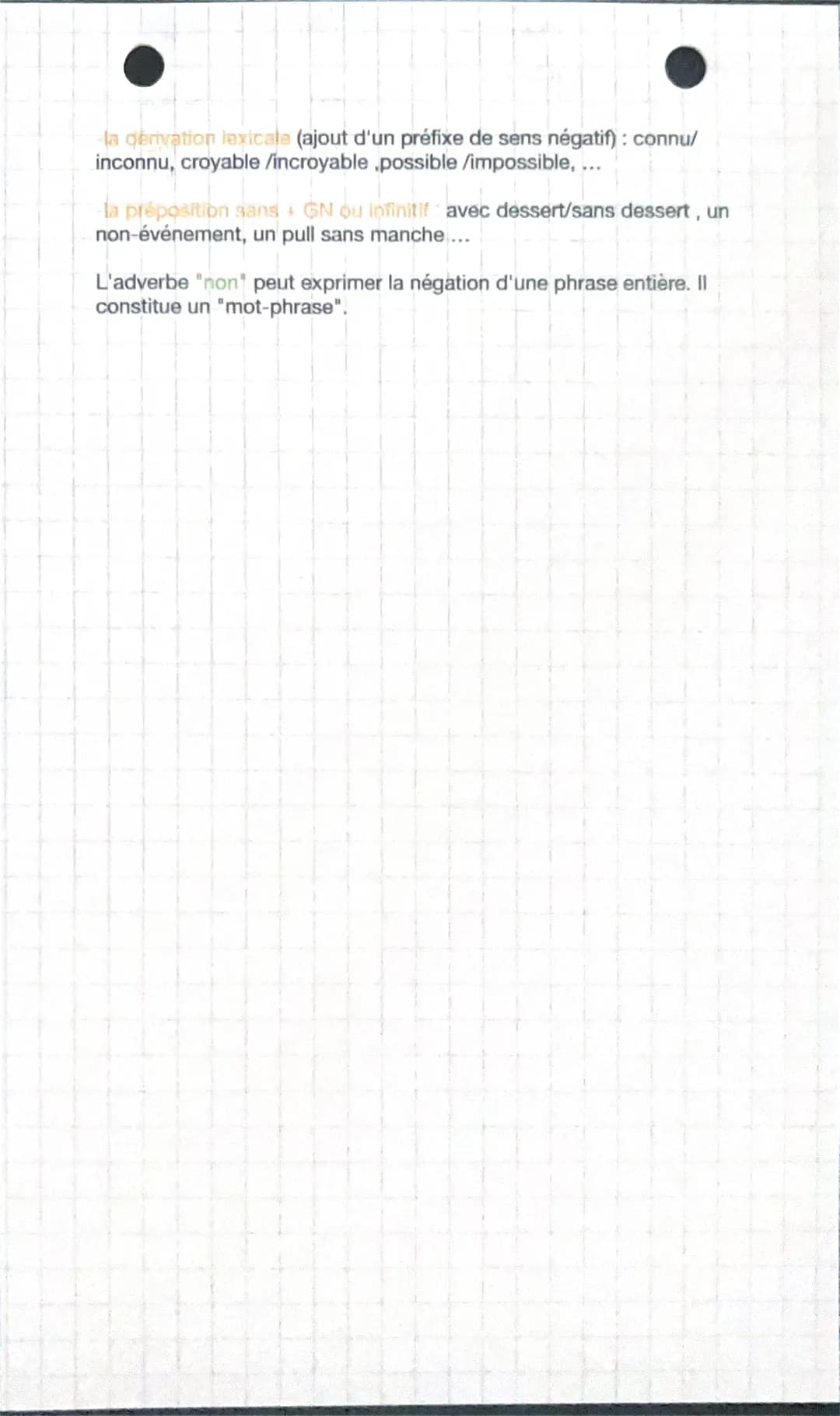 La négation
NEGATION GRAMMATICALE
négation total
La négation totale porte sur toute la
phrase. Elle utilise :
-des adverbes: ne...pas, ne...