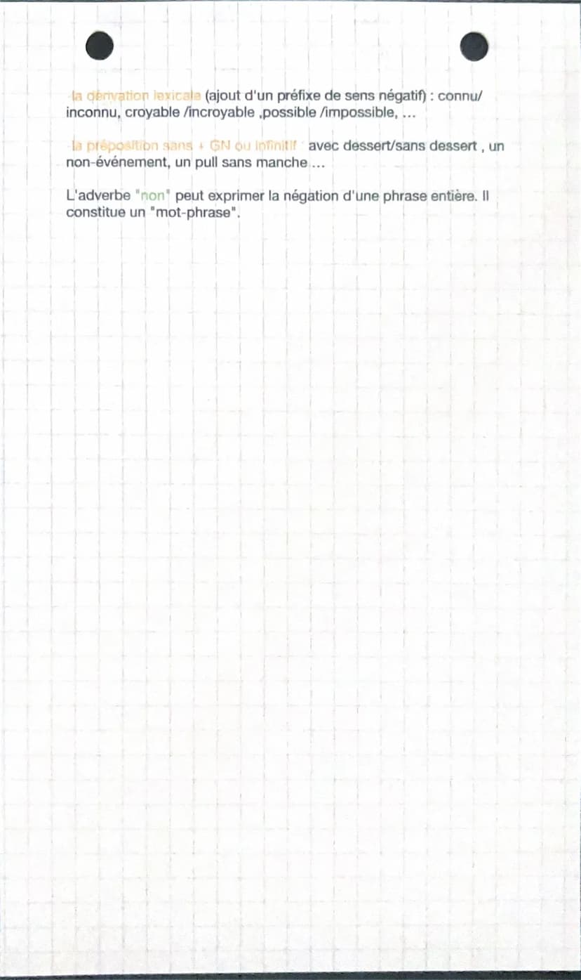 La négation
NEGATION GRAMMATICALE
négation total
La négation totale porte sur toute la
phrase. Elle utilise :
-des adverbes: ne...pas, ne...