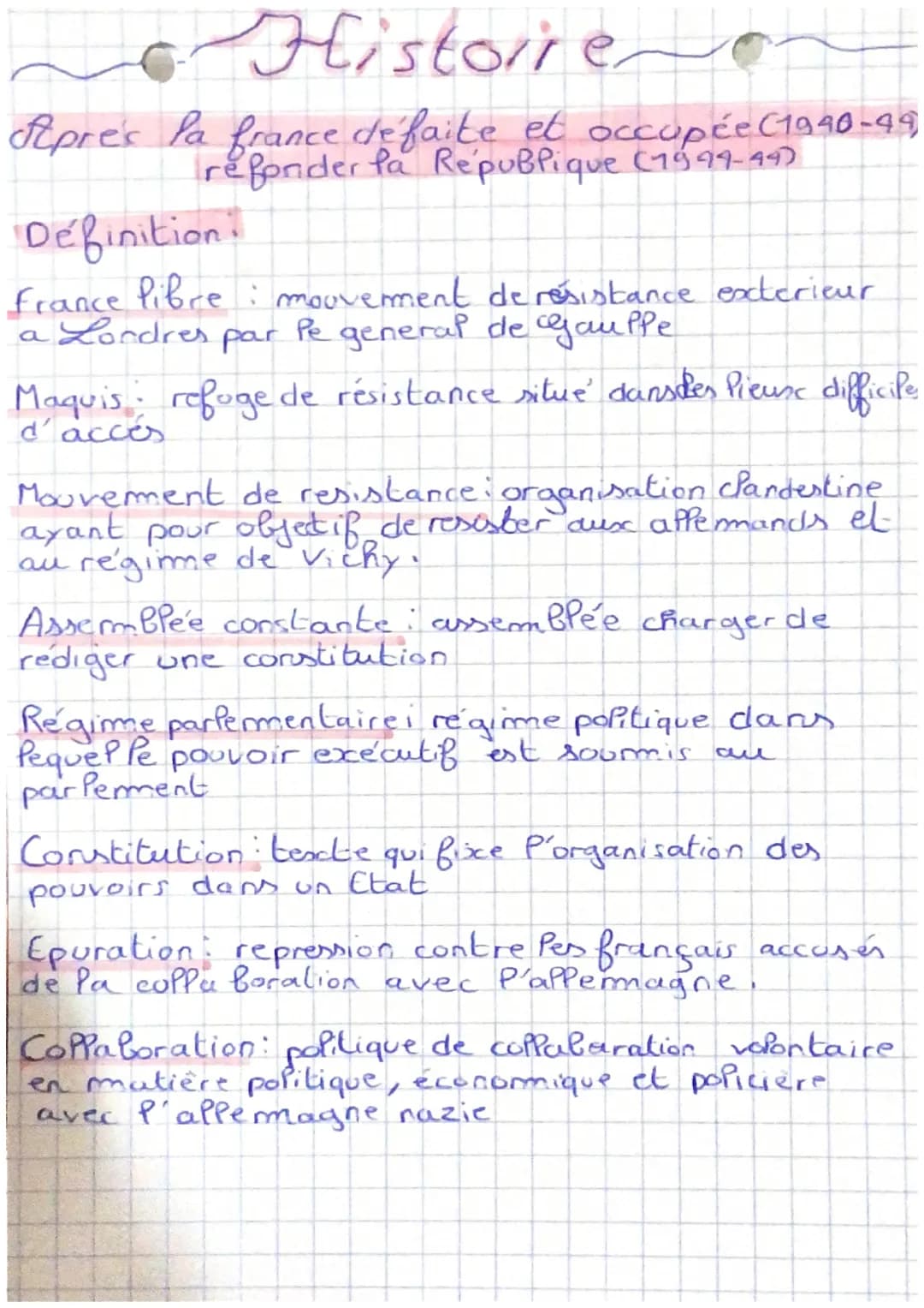 Histoire
Fiprex la france de faite et occupée (1990-49
refonder la République (1994-99)
Définition:
france libre : mouvement de résistance e