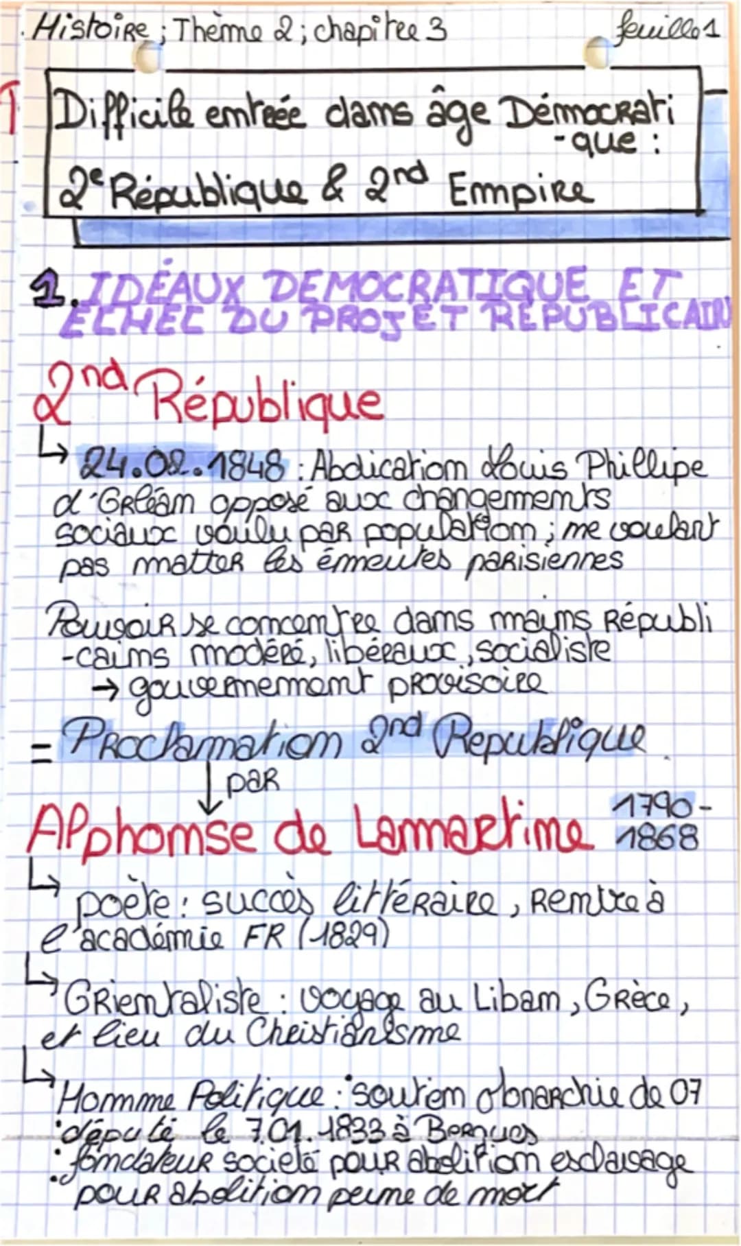 Histoire; Theme 2; chapitee 3
1 Difficile emréée dams âge Démocrati
-que :
2° République & 2nd Empire
feuilles
2. IDEAUX DEMOCRATIQUE ET
ELH