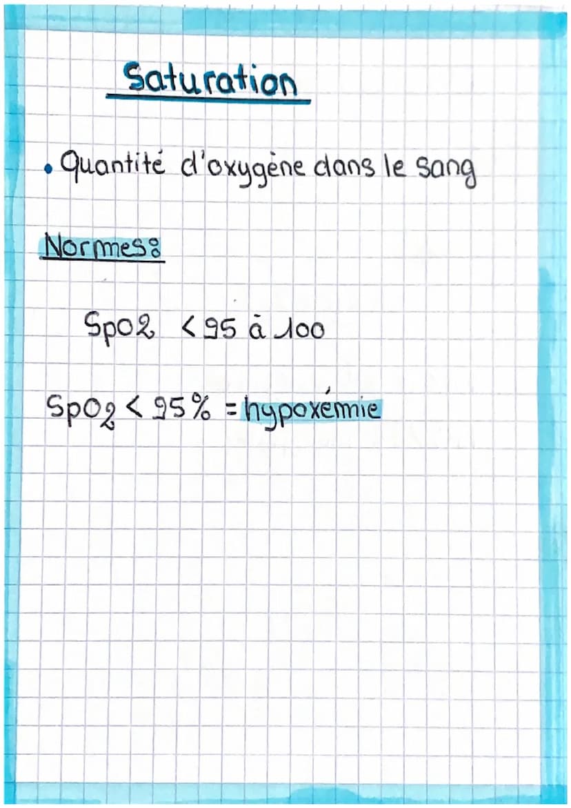 frequence Respiratoire
Nombre de Respiration par minute
Nommes:
FR <16 à 20>
FR <16 = Bradypnée
FRX20 = Tachypnée Saturation
• Quantité d'ox