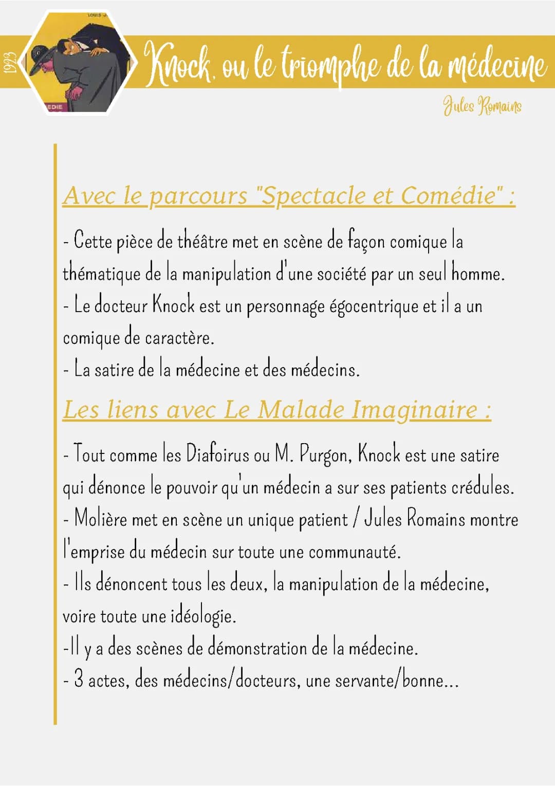 Résumé et Analyse de Knock - Actes et Scènes, Personnages et Comparaison avec Le Malade Imaginaire