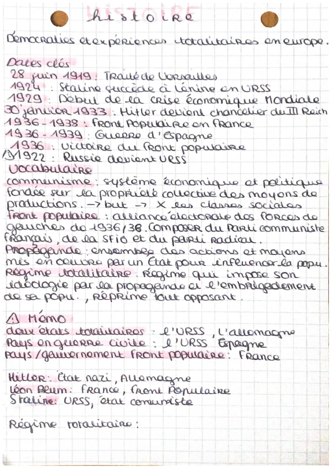 histoire
Democraties et expériences totalitaires en europe.
Dates clés
28
juin
1919. Traité de Versailles
1924: Staline succède à Lénine on 