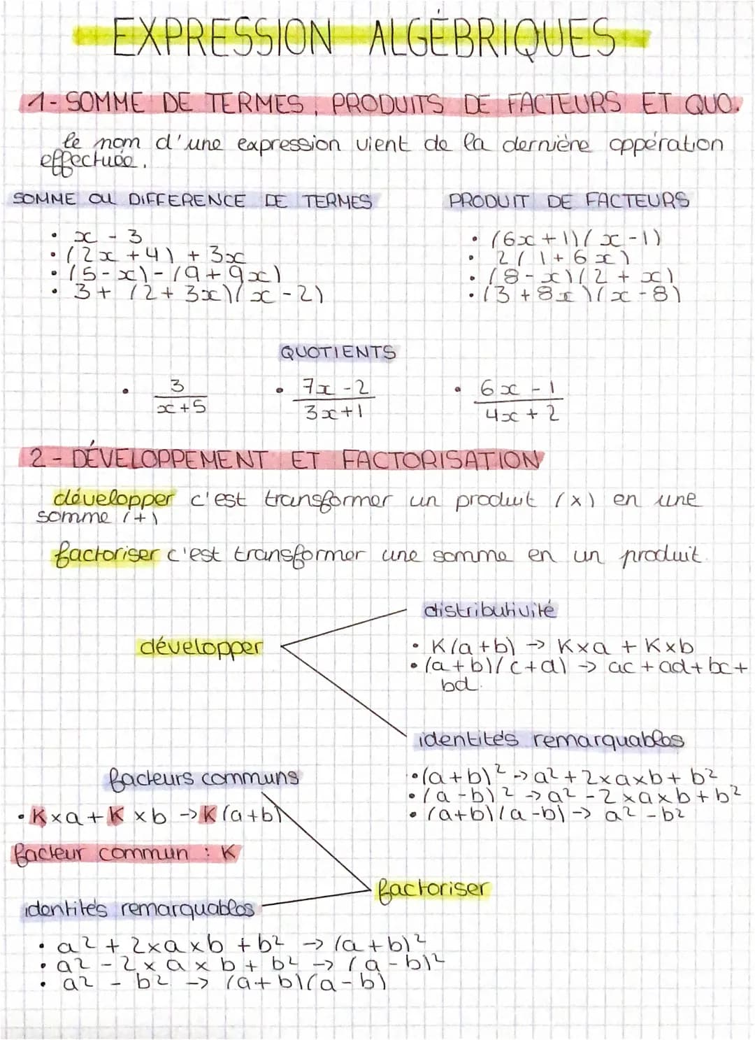 EXPRESSION ALGEBRIQUES
1-SOMME DE TERMES, PRODUITS DE FACTEURS ET QUO.
le nom d'une expression vient de la dernière oppération
effectuce.
SO