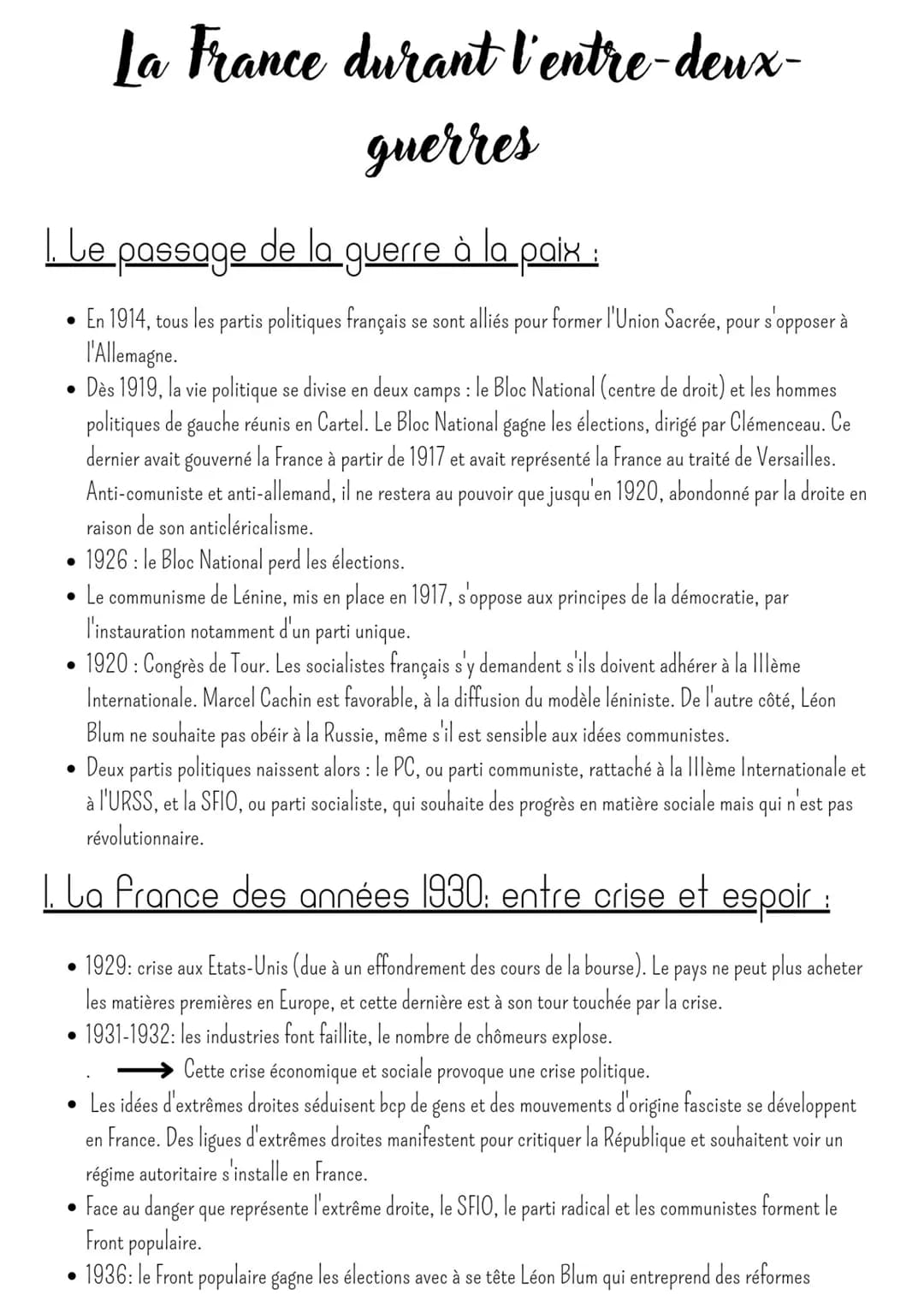 1. Le passage de la guerre à la paix :
• En 1914, tous les partis politiques français se sont alliés pour
l'Allemagne.
• Dès 1919, la vie po