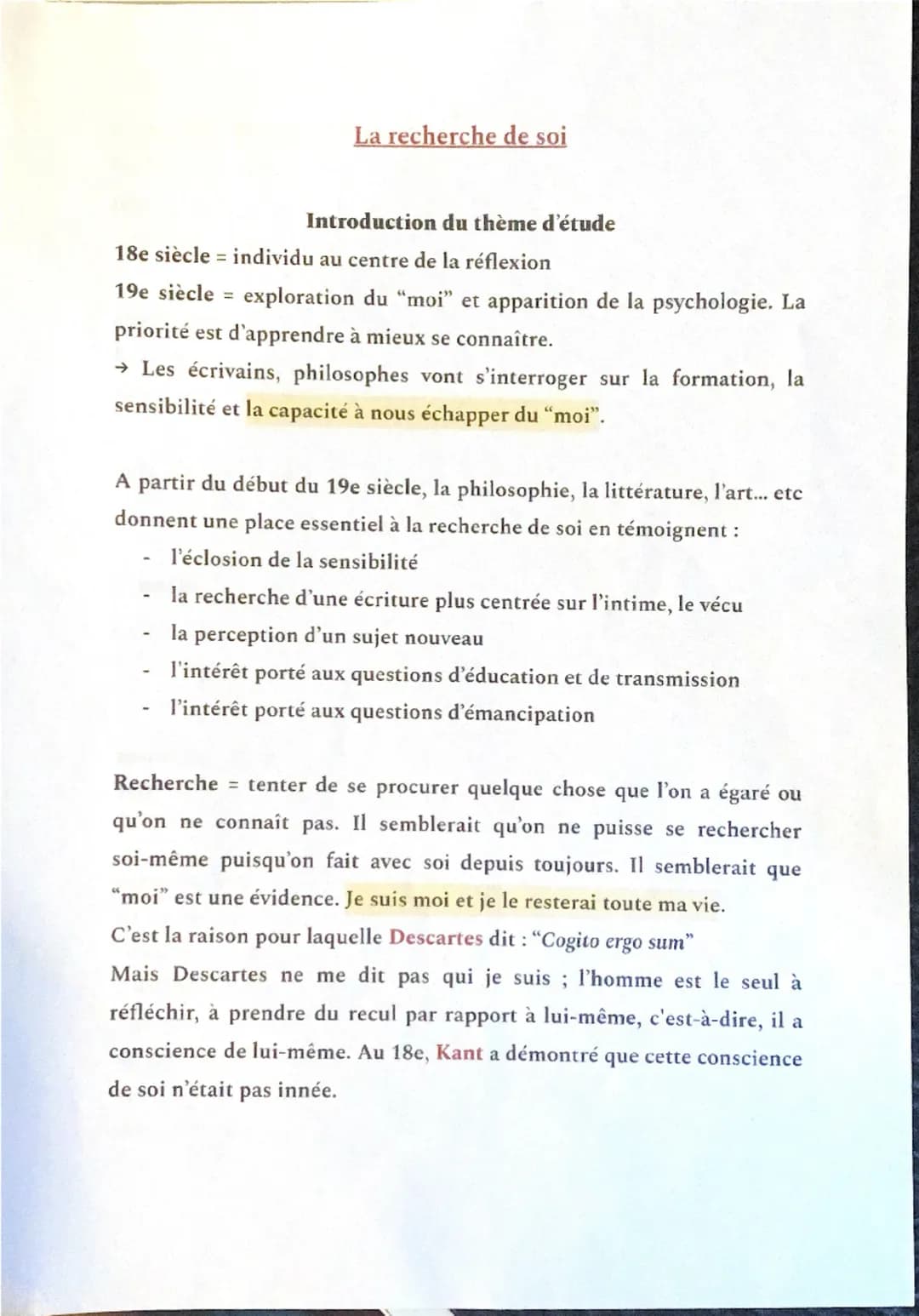 La recherche de soi
Introduction du thème d'étude
18e siècle = individu au centre de la réflexion
19e siècle exploration du "moi" et apparit