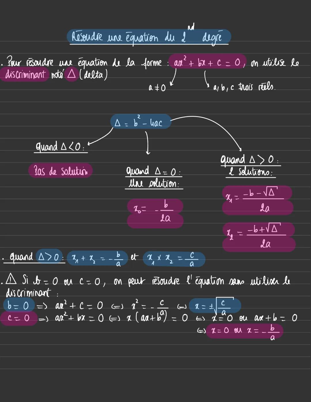 Resoudre une équation du 2 degre
2
• Pour résoudre une équation de la forme : ase² + bx + C = 0, on utilise le
discriminant noté s (delta)
✓