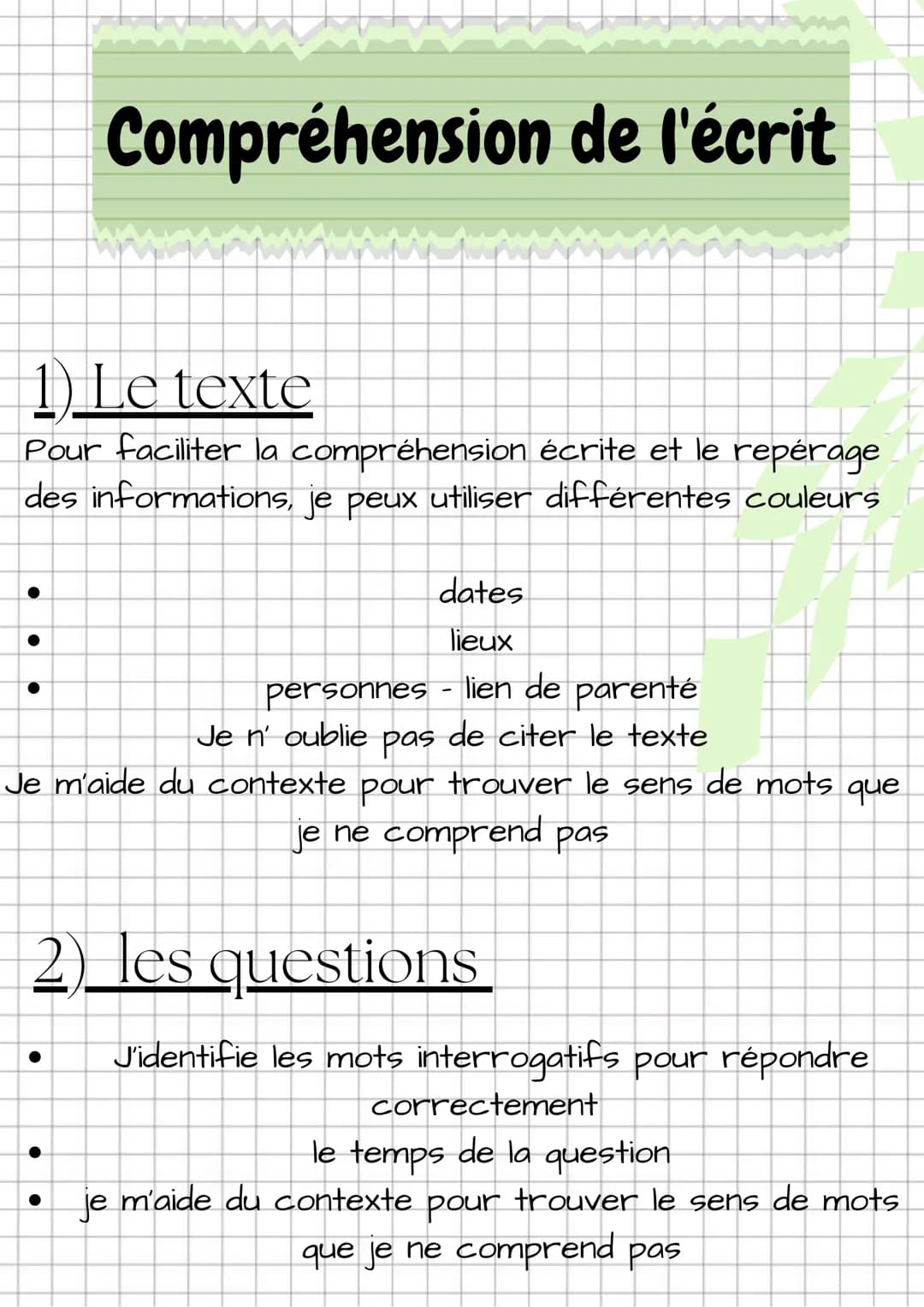 Compréhension de l'écrit
1) Le texte
Pour faciliter la compréhension écrite et le repérage
des informations, je peux utiliser différentes co