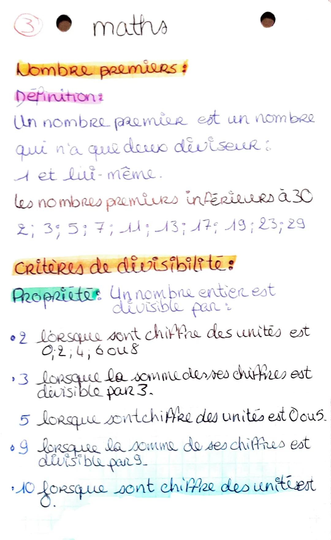 maths
Nombre premiers &
Definition:
Un nombre premier est un nombre
deux diviseur :
qui n'a
que
A et livi-même.
les nombres premicks inferil