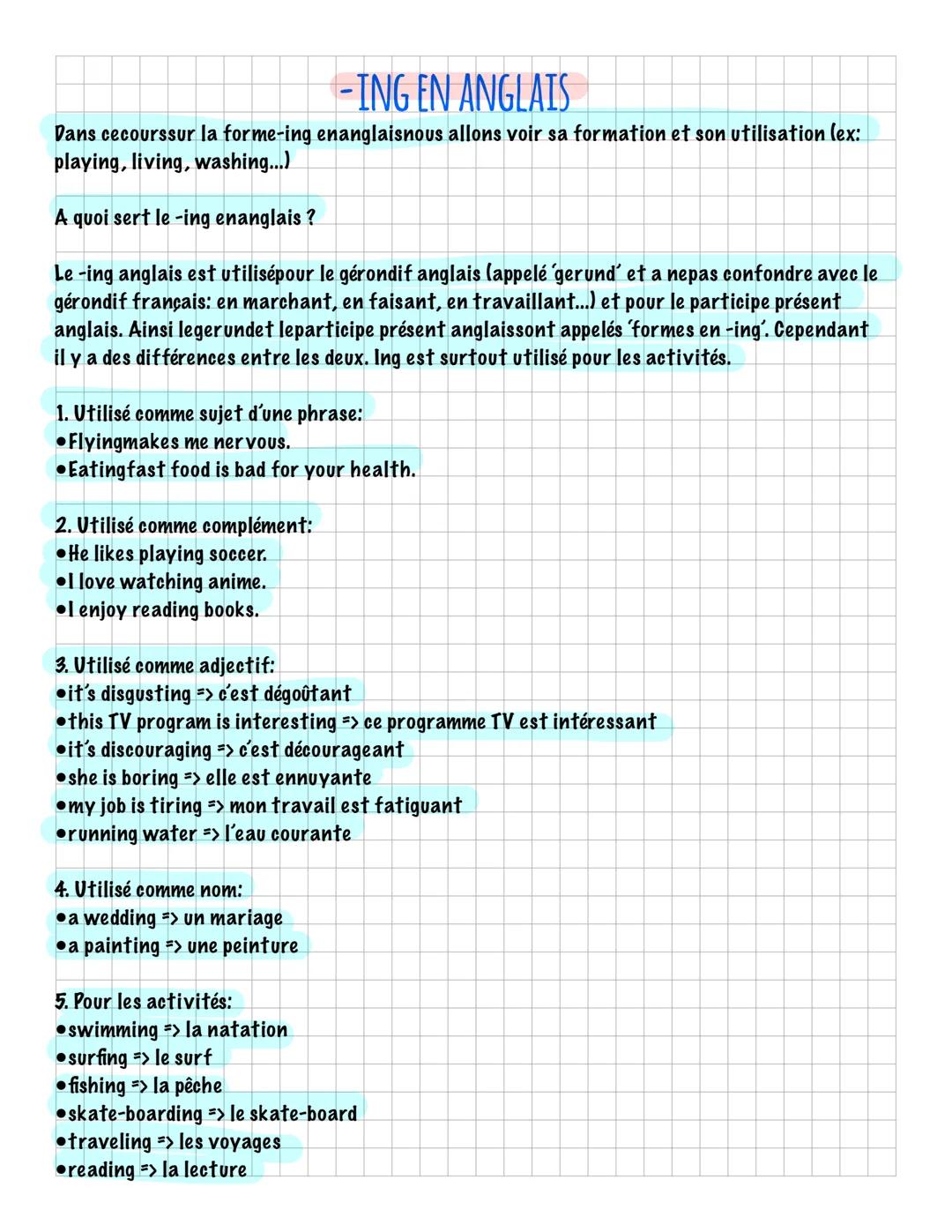 -ING EN ANGLAIS
Dans cecourssur la forme-ing enanglaisnous allons voir sa formation et son utilisation (ex:
playing, living, washing...)
A q