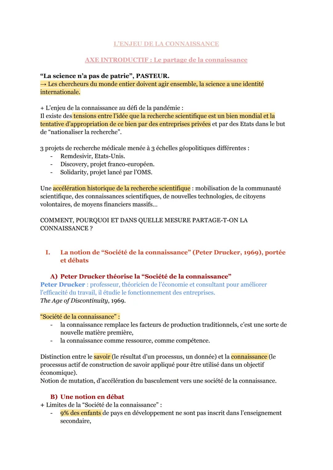 L'ENJEU DE LA CONNAISSANCE
AXE INTRODUCTIF: Le partage de la connaissance
"La science n'a pas de patrie", PASTEUR.
→ Les chercheurs du monde