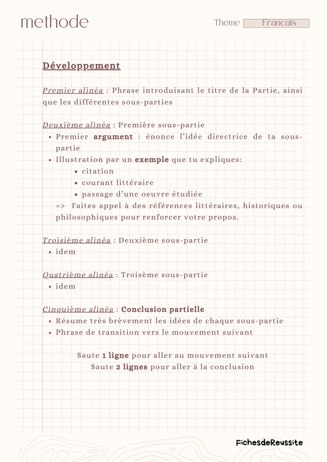 methode
Dissertation
Thème
Français
Introduction
Premier alinéa
•
Phrase d'accroche (ex: présentation du courant du siècle)
• Présentation d