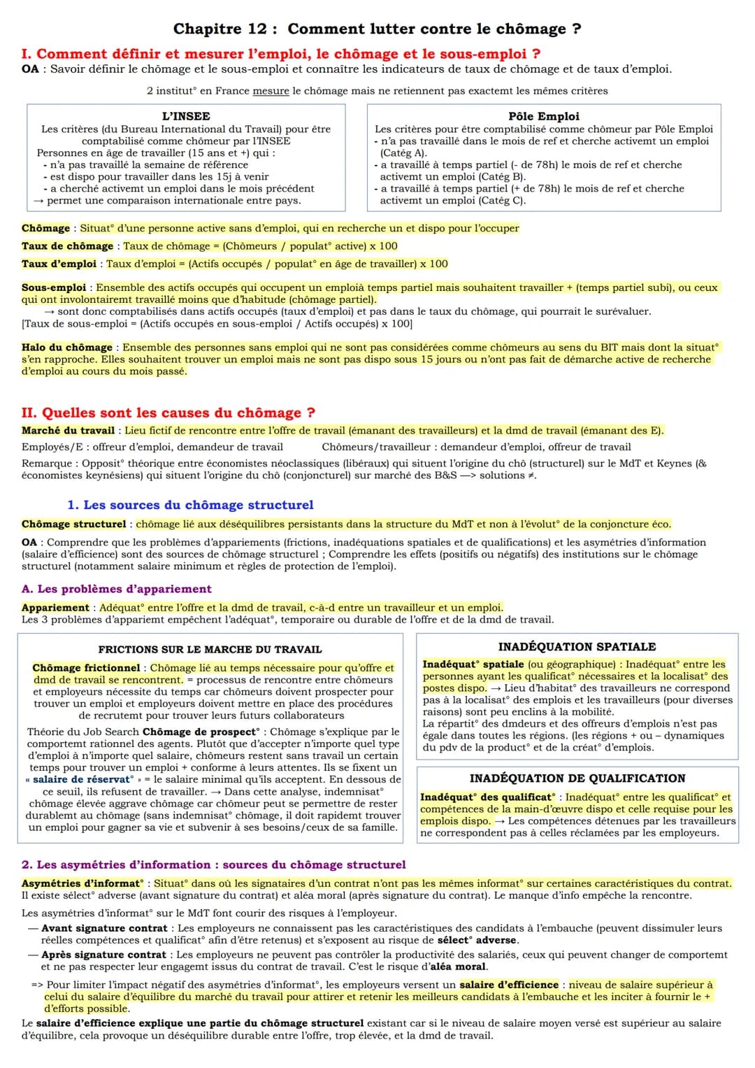 Chapitre 12: Comment lutter contre le chômage ?
I. Comment définir et mesurer l'emploi, le chômage et le sous-emploi ?
OA: Savoir définir le