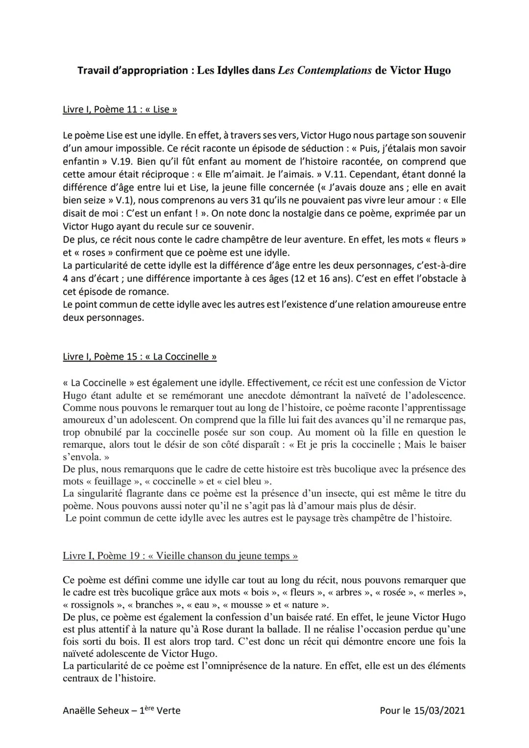 Travail d'appropriation : Les Idylles dans Les Contemplations de Victor Hugo
Livre I, Poème 11 : << Lise >>
Le poème Lise est une idylle. En