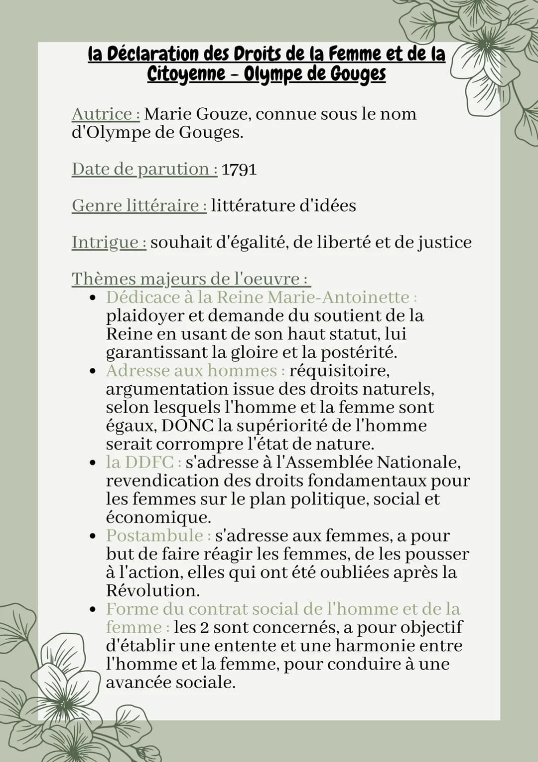 la Déclaration des Droits de la femme et de la
Citoyenne - Olympe de Gouges
Autrice Marie Gouze, connue sous le nom
d'Olympe de Gouges.
Date