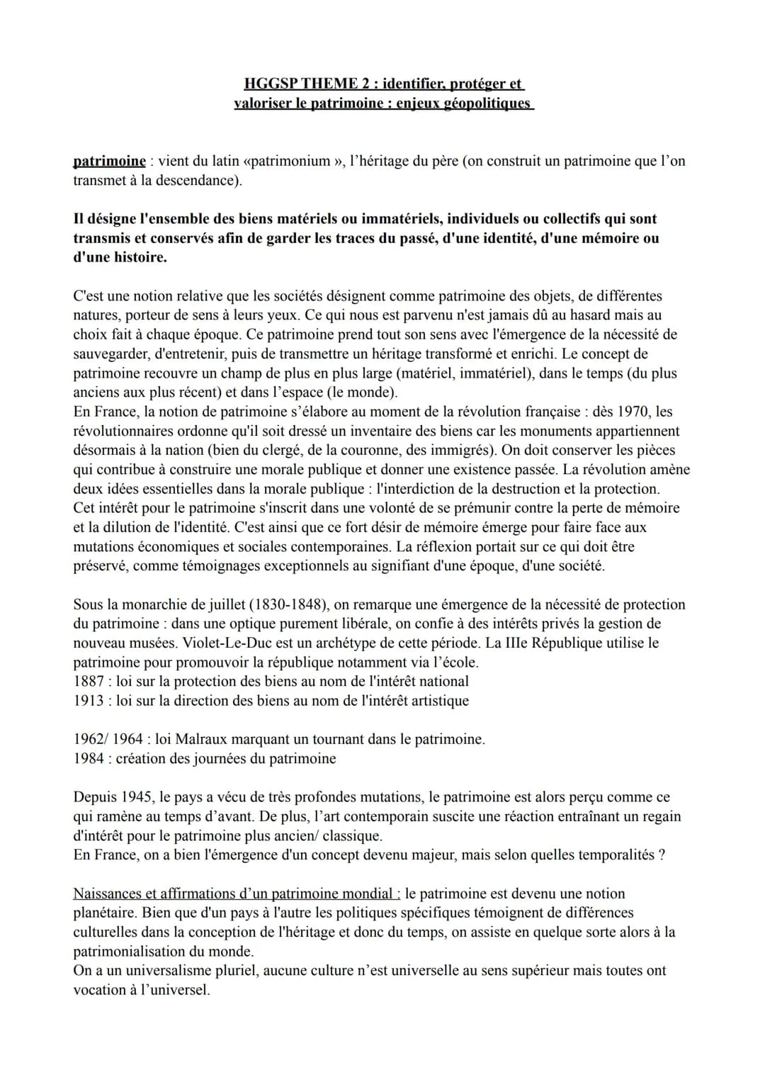 HGGSP THEME 2 : identifier, protéger et
valoriser le patrimoine : enjeux géopolitiques
patrimoine: vient du latin <<patrimonium », l'héritag